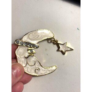 Moon Shaped Gold & White Brooch With Star Charm & Rhinestone Accent